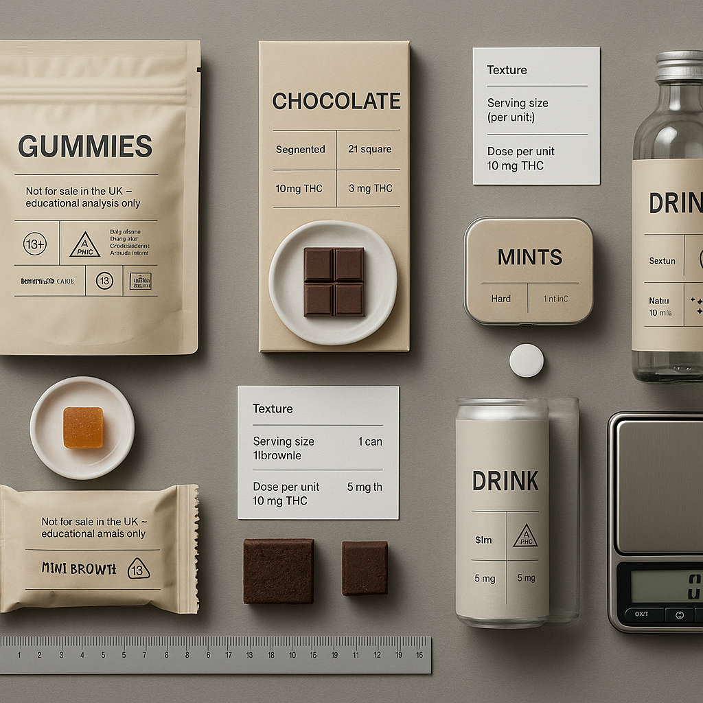 Flat-lay photo on grey background comparing UK THC sweet formats—gummies, chocolate, mints, brownie, and
